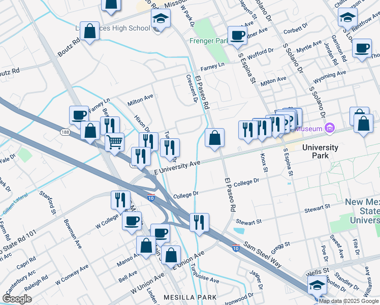 map of restaurants, bars, coffee shops, grocery stores, and more near 617619 East University Avenue in Las Cruces