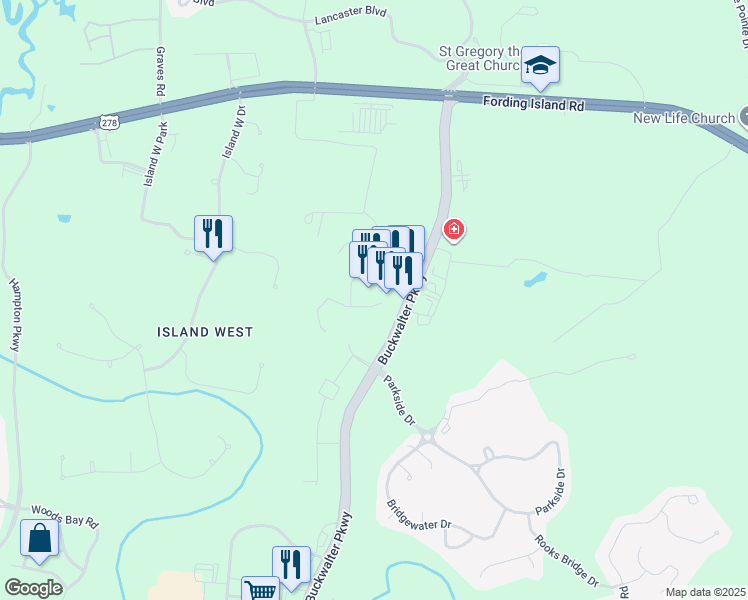 map of restaurants, bars, coffee shops, grocery stores, and more near 108 Buckwalter Parkway in Bluffton