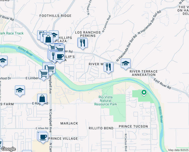 map of restaurants, bars, coffee shops, grocery stores, and more near 2550 East River Road in Tucson