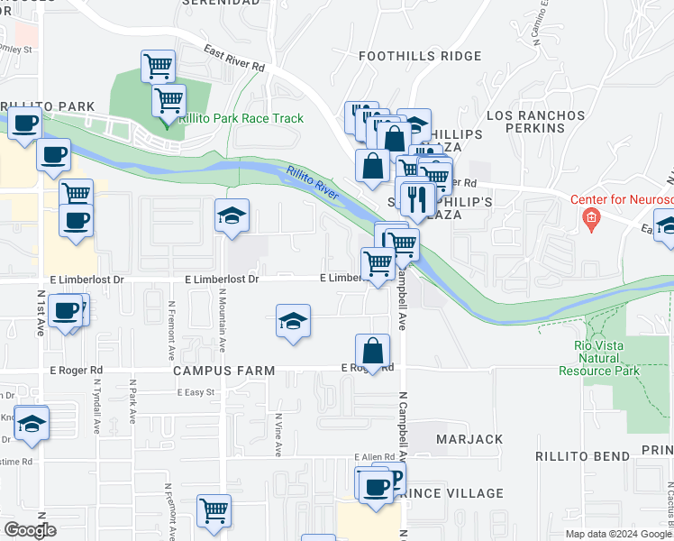 map of restaurants, bars, coffee shops, grocery stores, and more near 4207 North Ornee Court in Tucson