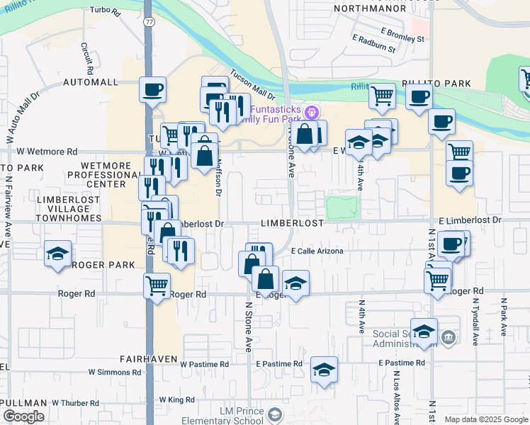 map of restaurants, bars, coffee shops, grocery stores, and more near 31 East Limberlost Drive in Tucson