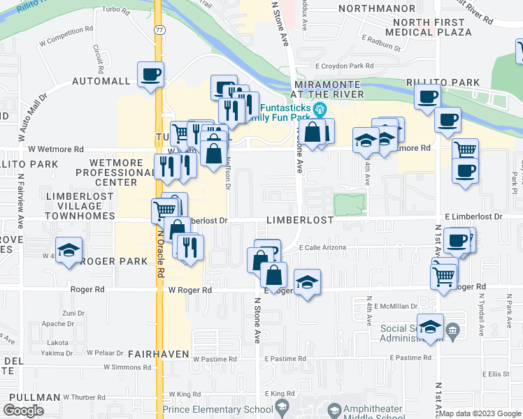 map of restaurants, bars, coffee shops, grocery stores, and more near 31 East Limberlost Drive in Tucson