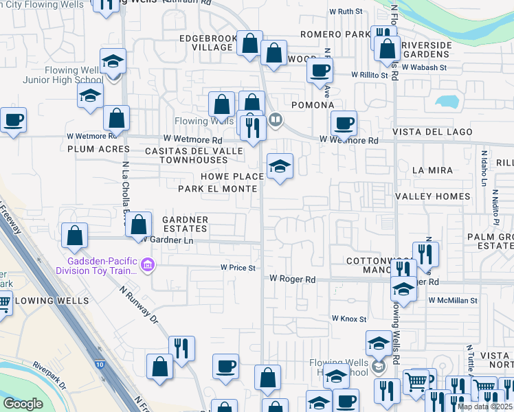 map of restaurants, bars, coffee shops, grocery stores, and more near 1761 West Root Lane in Tucson
