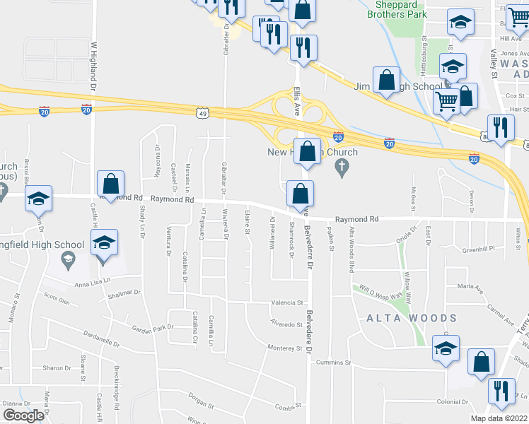 map of restaurants, bars, coffee shops, grocery stores, and more near 781 Raymond Road in Jackson