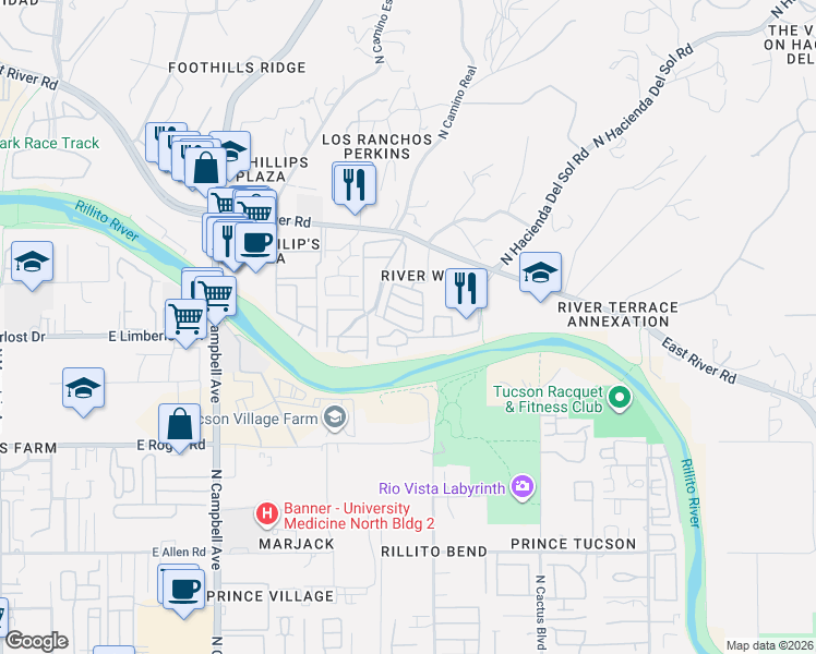 map of restaurants, bars, coffee shops, grocery stores, and more near 2431 East Autumn Flower Drive in Tucson