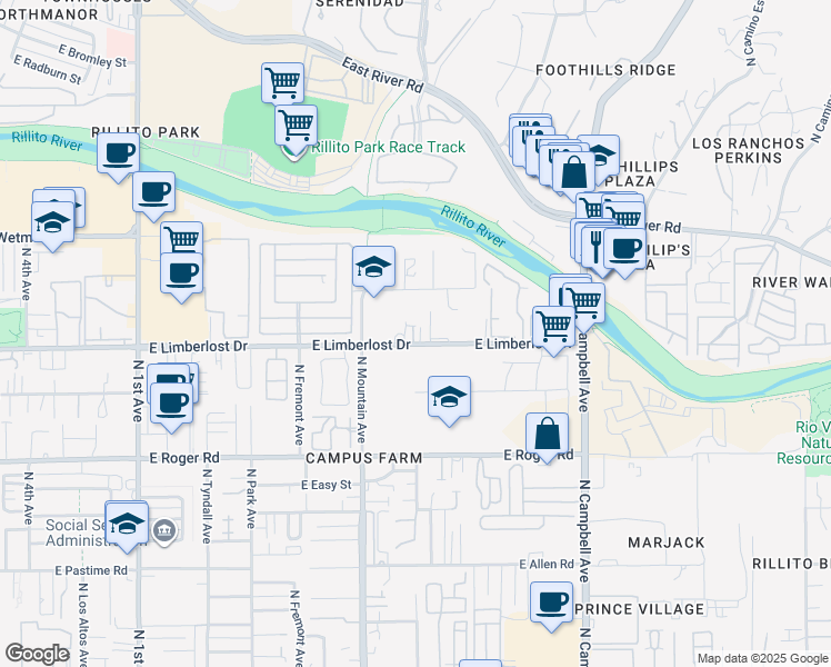 map of restaurants, bars, coffee shops, grocery stores, and more near 4200 North Vine Avenue in Tucson