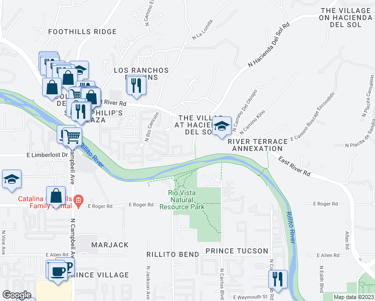 map of restaurants, bars, coffee shops, grocery stores, and more near 2550 East River Road in Tucson