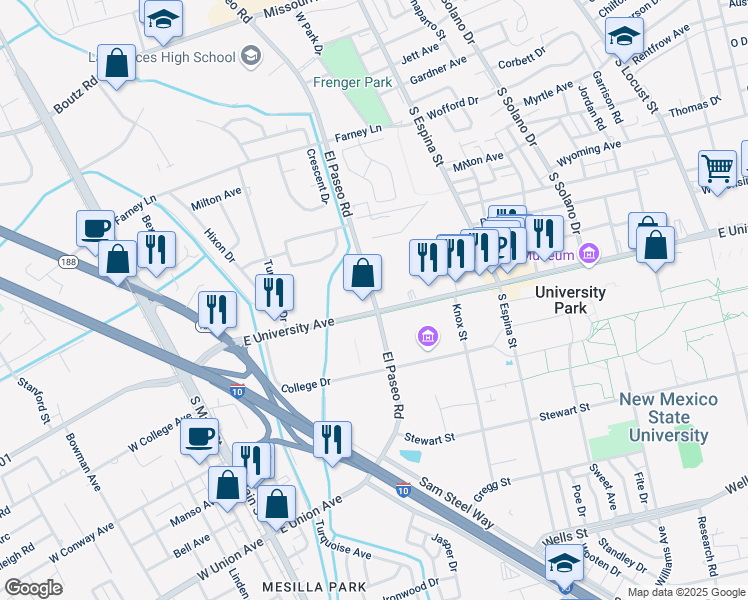 map of restaurants, bars, coffee shops, grocery stores, and more near 2640 El Paseo Road in Las Cruces