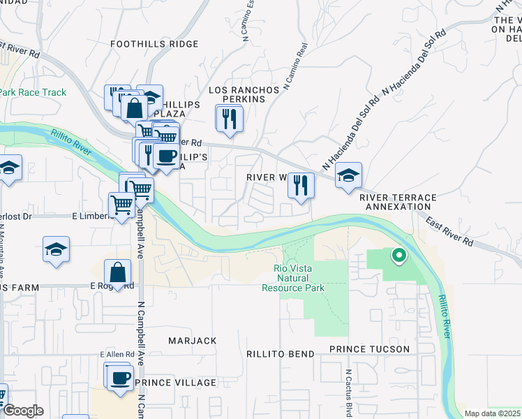 map of restaurants, bars, coffee shops, grocery stores, and more near 2550 East River Road in Tucson