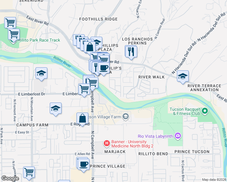 map of restaurants, bars, coffee shops, grocery stores, and more near 2006 East River Road in Tucson