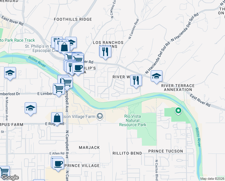 map of restaurants, bars, coffee shops, grocery stores, and more near 2550 East River Road in Tucson