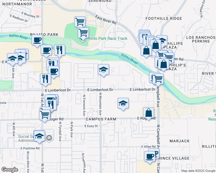 map of restaurants, bars, coffee shops, grocery stores, and more near 1351 East Limberlost Drive in Tucson