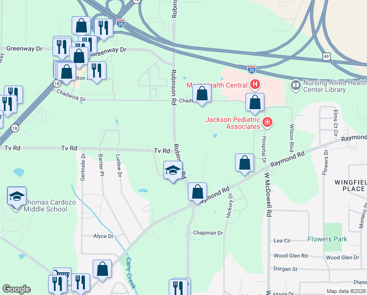map of restaurants, bars, coffee shops, grocery stores, and more near 5100 Robinson Road in Jackson