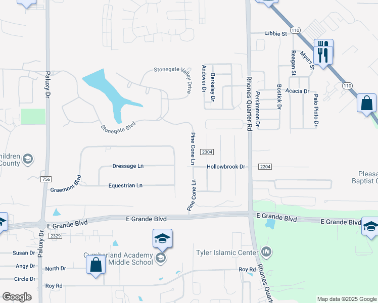 map of restaurants, bars, coffee shops, grocery stores, and more near 6041 Pine Cone Lane in Tyler