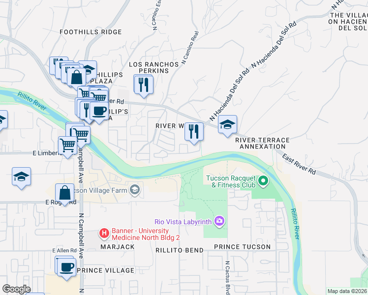 map of restaurants, bars, coffee shops, grocery stores, and more near 2550 East River Road in Tucson