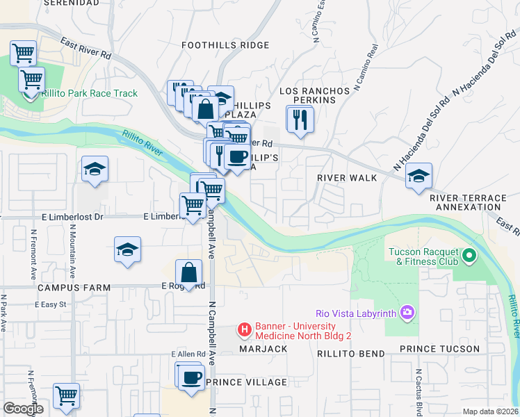 map of restaurants, bars, coffee shops, grocery stores, and more near 2006 East River Road in Tucson