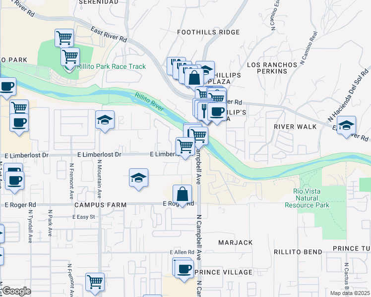 map of restaurants, bars, coffee shops, grocery stores, and more near in Tucson