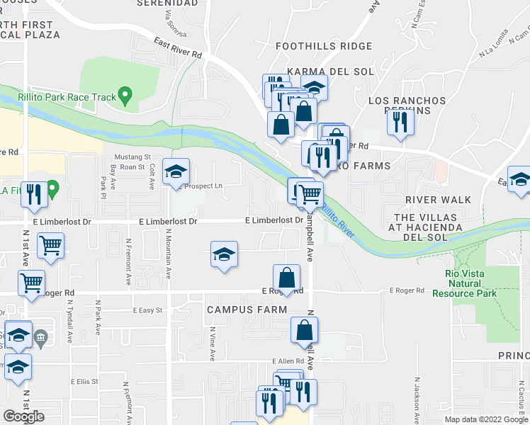 map of restaurants, bars, coffee shops, grocery stores, and more near 1650 East Limberlost Drive in Tucson