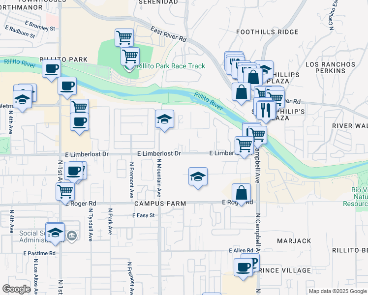 map of restaurants, bars, coffee shops, grocery stores, and more near 4200 North Vine Avenue in Tucson