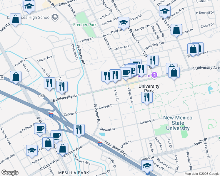 map of restaurants, bars, coffee shops, grocery stores, and more near in Las Cruces