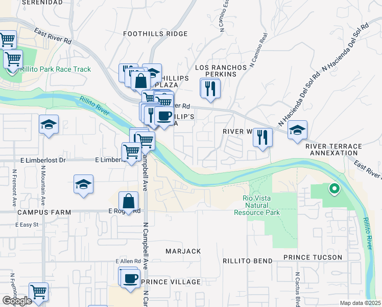 map of restaurants, bars, coffee shops, grocery stores, and more near 2032 East River Road in Tucson