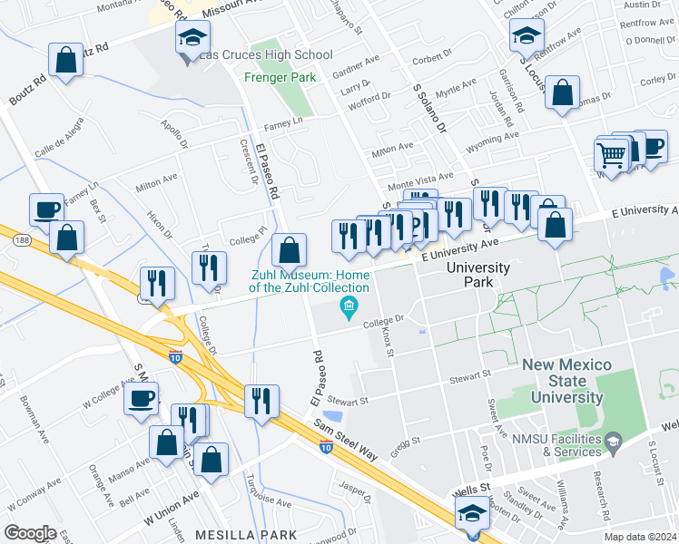 map of restaurants, bars, coffee shops, grocery stores, and more near 749 East University Avenue in Las Cruces