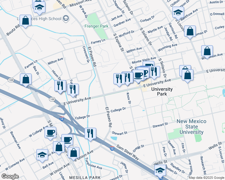 map of restaurants, bars, coffee shops, grocery stores, and more near 705 West University Avenue in Las Cruces