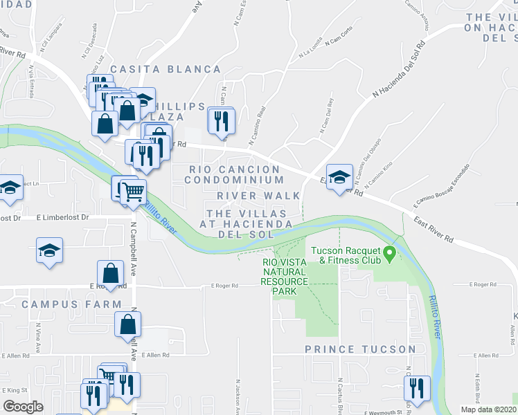 map of restaurants, bars, coffee shops, grocery stores, and more near 2550 East River Road in Tucson