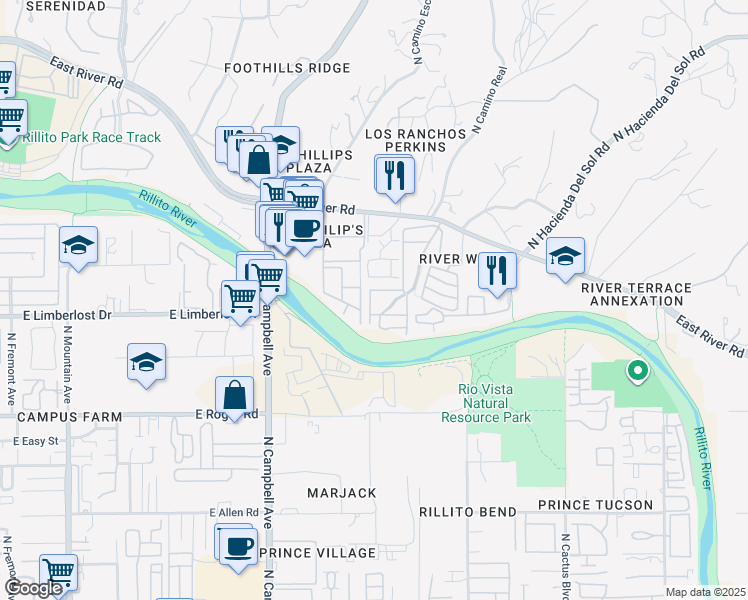 map of restaurants, bars, coffee shops, grocery stores, and more near 2028 East River Road in Tucson