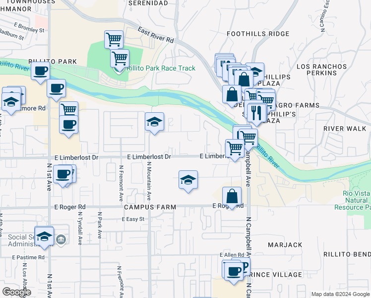 map of restaurants, bars, coffee shops, grocery stores, and more near 1511 East Limberlost Drive in Tucson