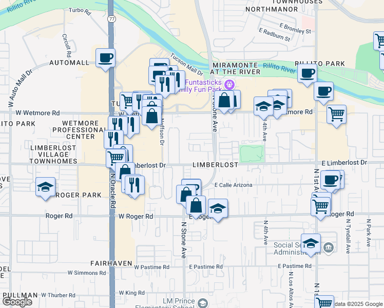 map of restaurants, bars, coffee shops, grocery stores, and more near 31 East Limberlost Drive in Tucson