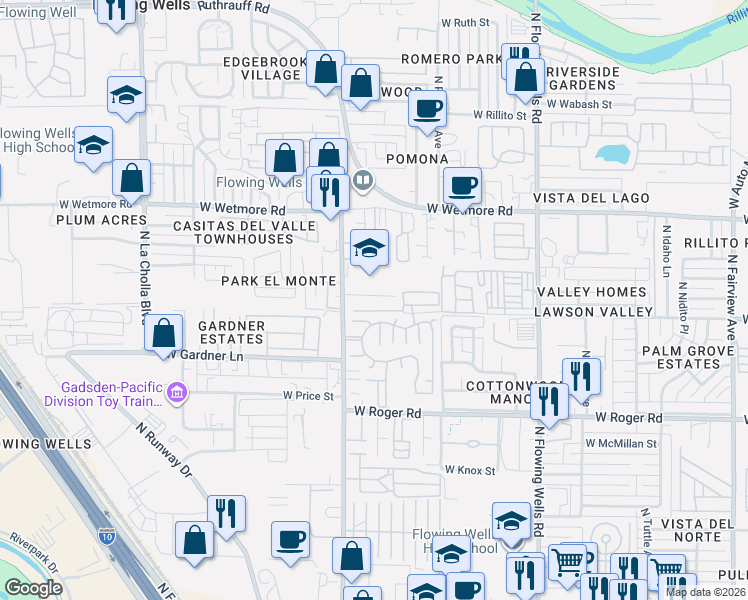 map of restaurants, bars, coffee shops, grocery stores, and more near 1713 West Root Lane in Tucson