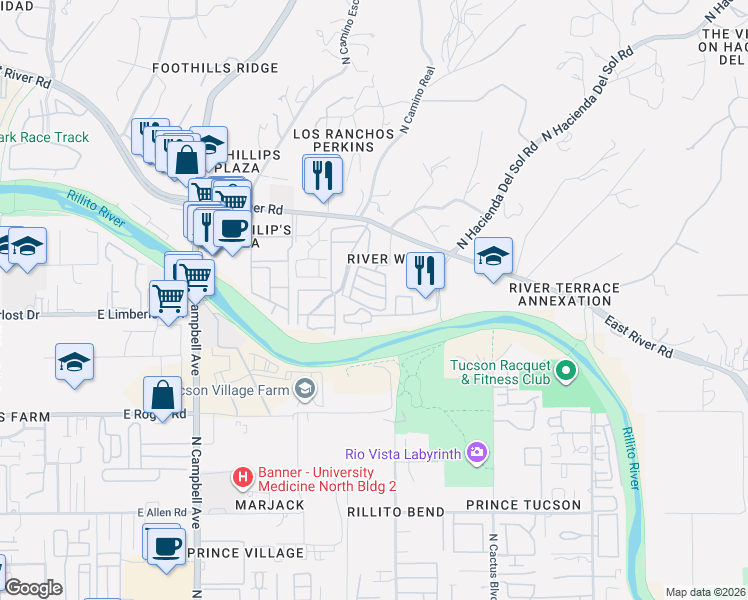 map of restaurants, bars, coffee shops, grocery stores, and more near 2550 East River Road in Tucson