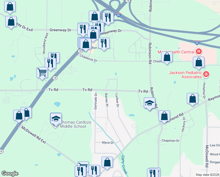 map of restaurants, bars, coffee shops, grocery stores, and more near 1917 Tv Road in Jackson