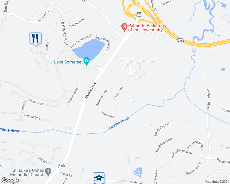 map of restaurants, bars, coffee shops, grocery stores, and more near 26 Augustine Road in Bluffton