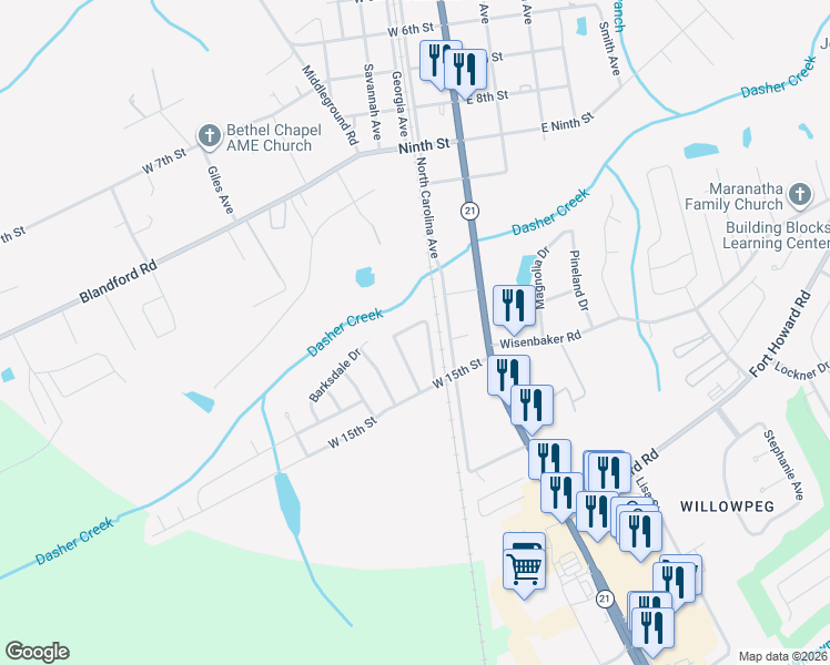 map of restaurants, bars, coffee shops, grocery stores, and more near 255 South Georgia Avenue in Rincon