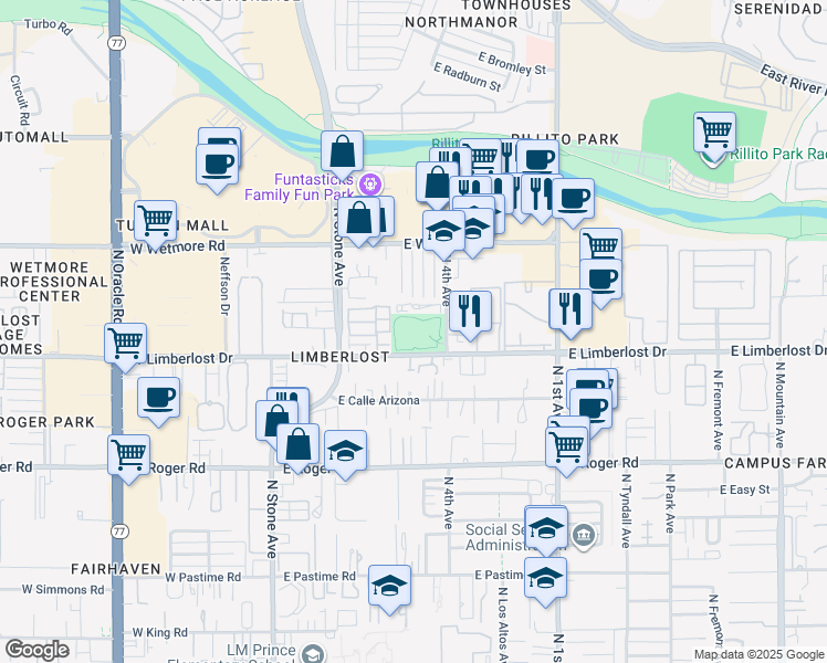 map of restaurants, bars, coffee shops, grocery stores, and more near 4255 North 4th Avenue in Tucson