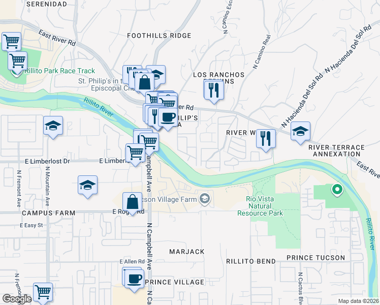 map of restaurants, bars, coffee shops, grocery stores, and more near 2028 East River Road in Tucson