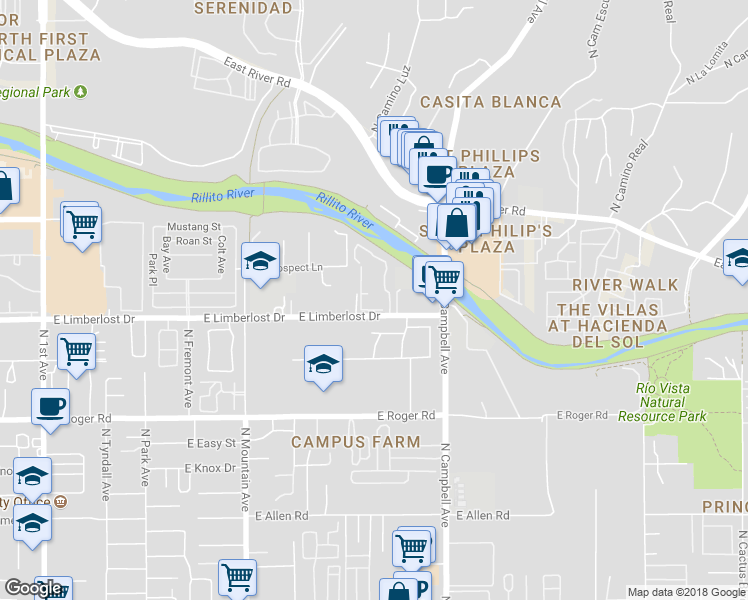 map of restaurants, bars, coffee shops, grocery stores, and more near 4207 North Ornee Court in Tucson