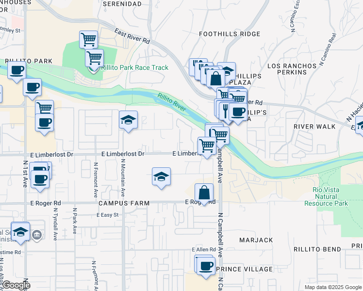 map of restaurants, bars, coffee shops, grocery stores, and more near 4207 North Ornee Court in Tucson