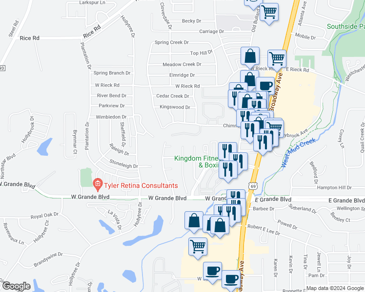 map of restaurants, bars, coffee shops, grocery stores, and more near 4300 Huntington Drive in Tyler