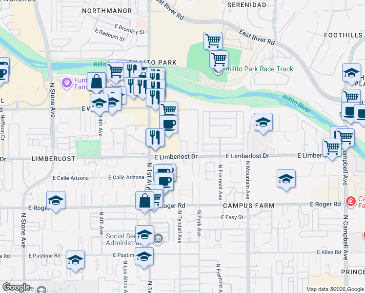 map of restaurants, bars, coffee shops, grocery stores, and more near 4238 North Lulu Court in Tucson