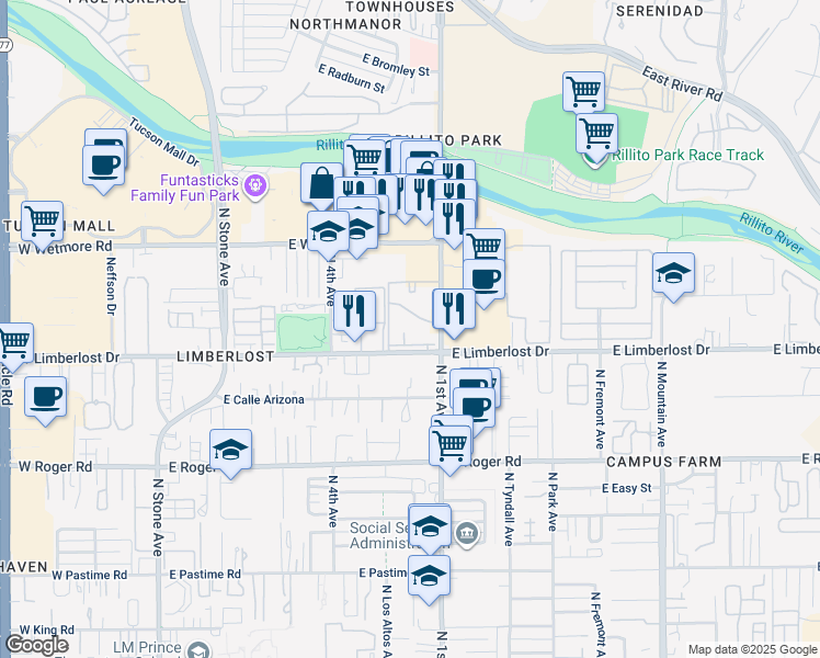 map of restaurants, bars, coffee shops, grocery stores, and more near 4225 North 1st Avenue in Tucson