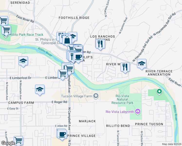 map of restaurants, bars, coffee shops, grocery stores, and more near 2032 East River Road in Tucson