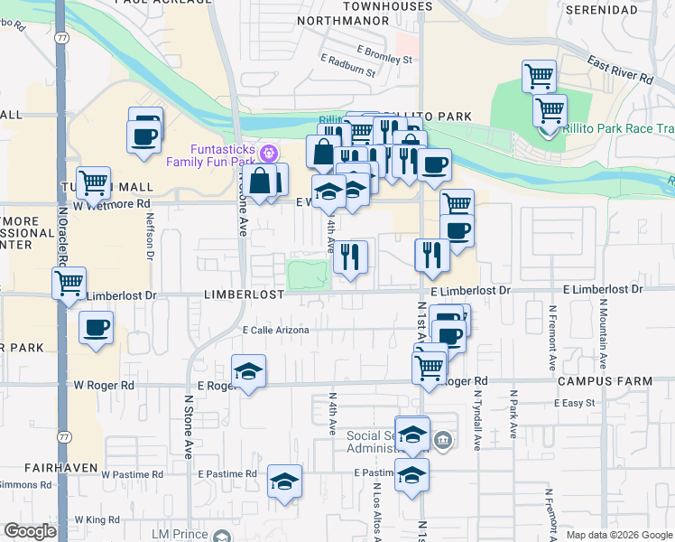 map of restaurants, bars, coffee shops, grocery stores, and more near 4254 North 4th Avenue in Tucson