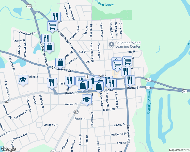 map of restaurants, bars, coffee shops, grocery stores, and more near in Hawkinsville
