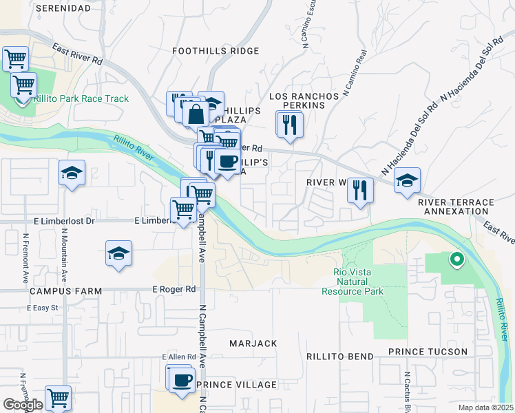 map of restaurants, bars, coffee shops, grocery stores, and more near 2028 East River Road in Tucson
