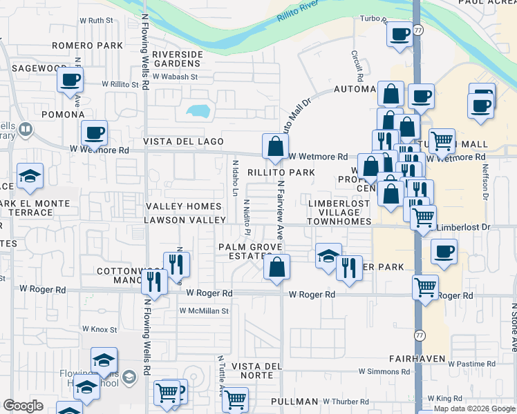 map of restaurants, bars, coffee shops, grocery stores, and more near 940 West Hadley Street in Tucson