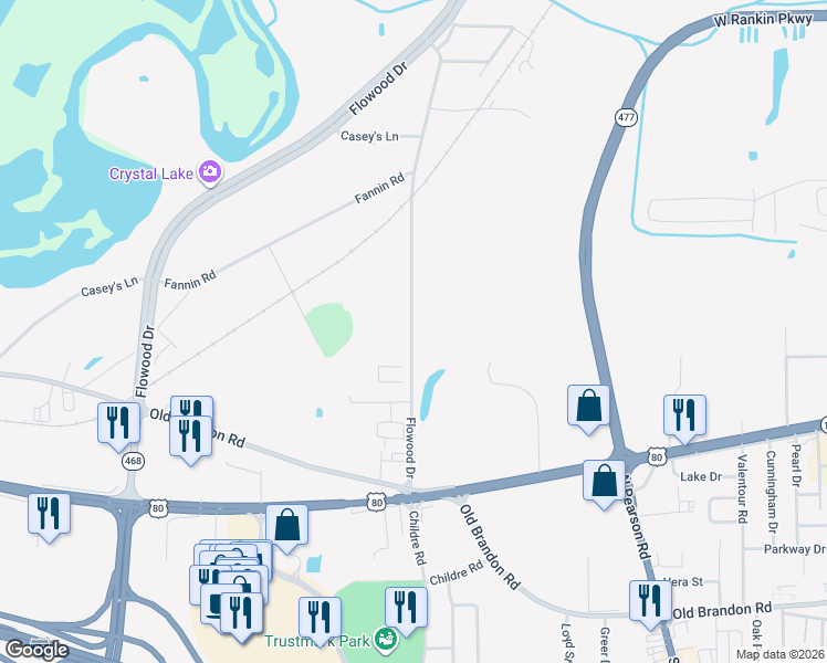 map of restaurants, bars, coffee shops, grocery stores, and more near 3561 Flowood Drive in Flowood