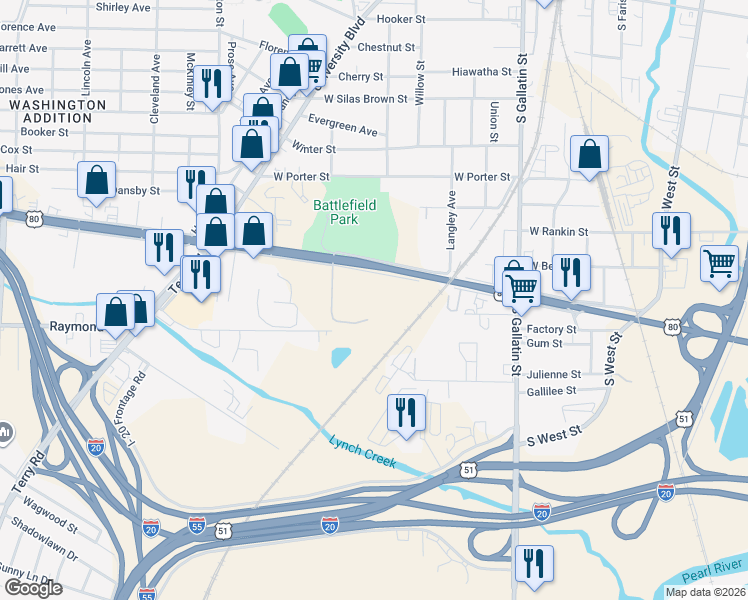 map of restaurants, bars, coffee shops, grocery stores, and more near 1030 U.S. 80 in Jackson